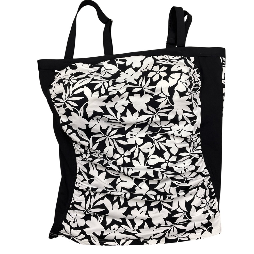 Lands End Tankini Top Womens 16D Black White Hibiscus Bandeau Swim Resort Beach